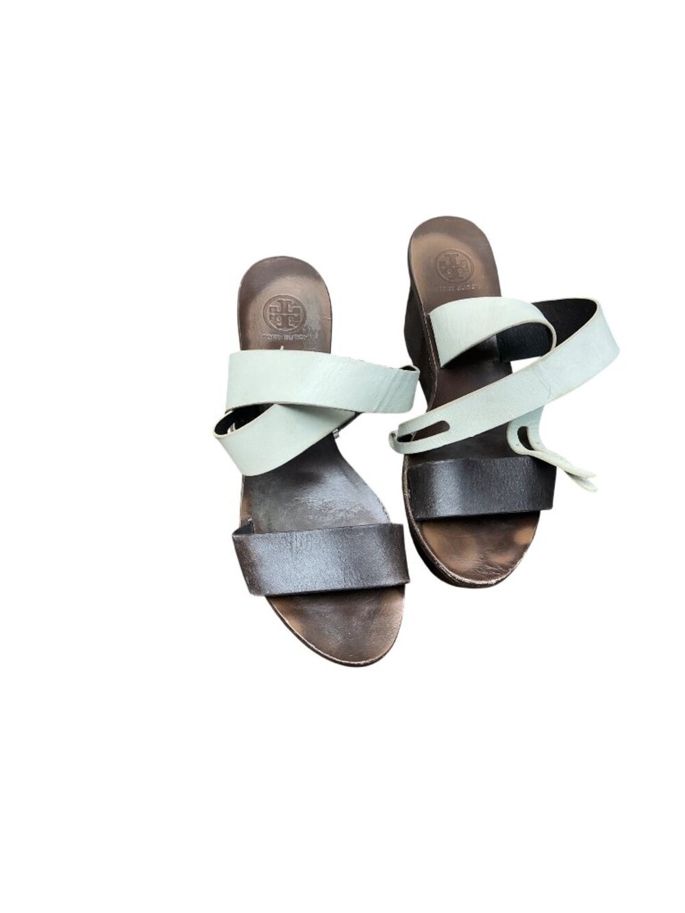 Tory Burch Leather Wedge Sandals Brown White Strappy Platform Minimal  Sz 7M